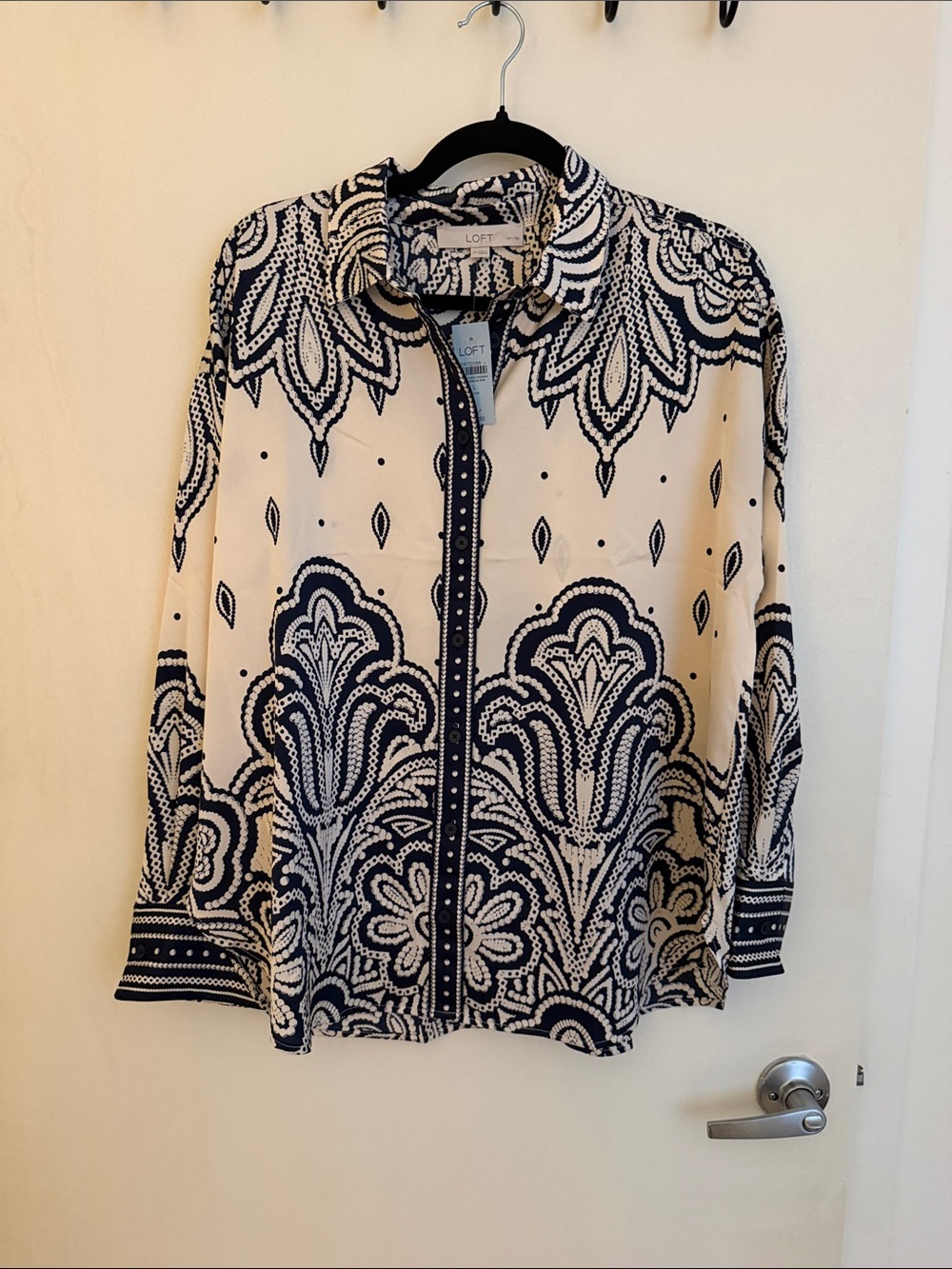 LOFT Navy and Cream Paisley Print Button-Down Shirt